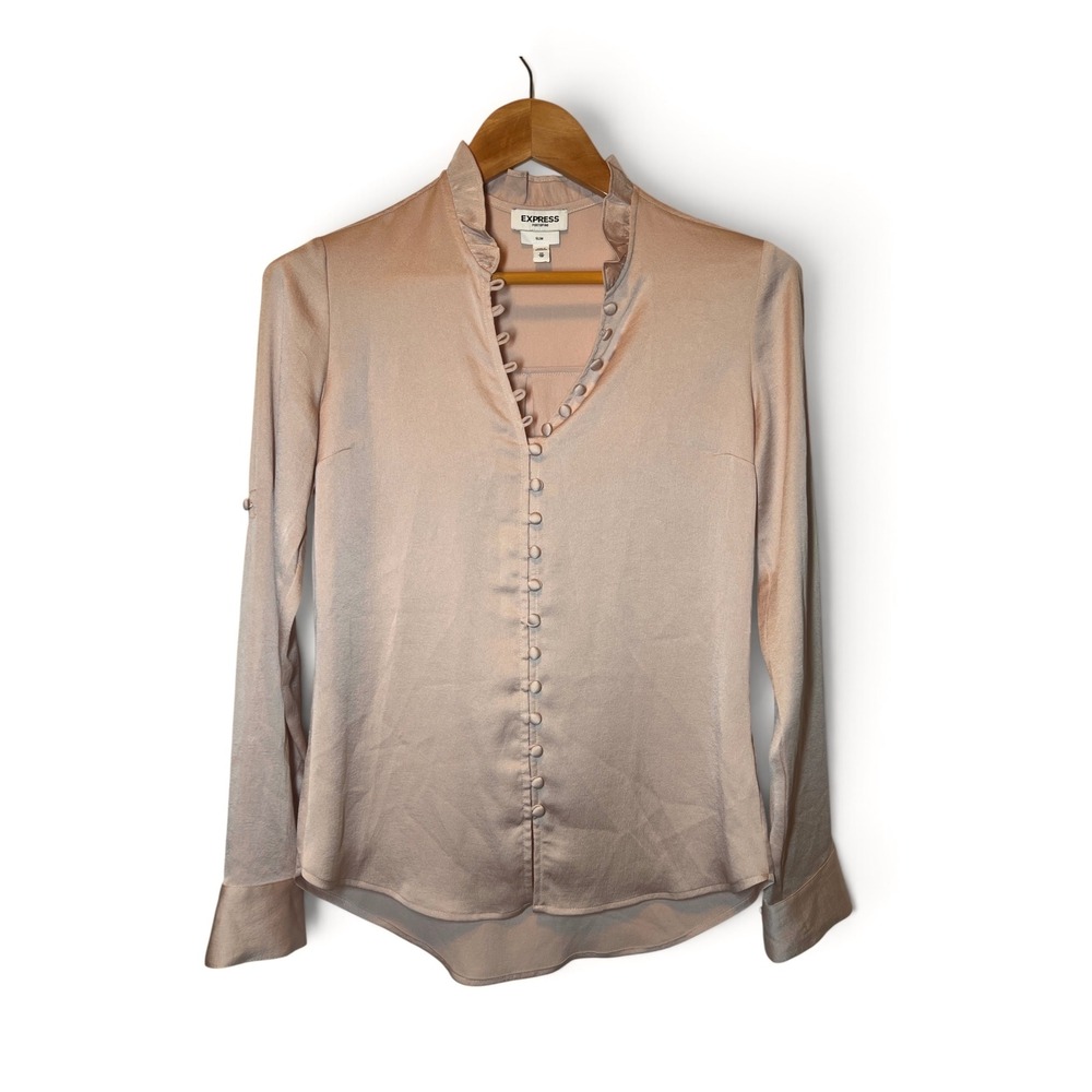 Express Portofino Slim Blouse XS Blush Pink Button Front Roll Tab Long Sleeve
